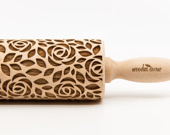 No. R201 ROSES 2 pattern, MIDI Rolling Pin, Engraved Rolling, Rolling Pin, Embossed rolling pin, Wooden Rolling pin