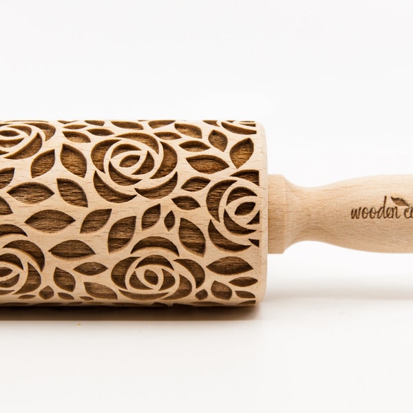 No. R201 ROSES 2 pattern, MIDI Rolling Pin, Engraved Rolling, Rolling Pin, Embossed rolling pin, Wooden Rolling pin