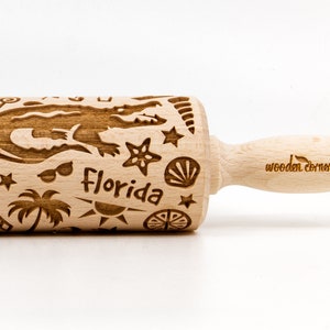 No. R355 USA FLORIDA Rolling Pin, Embossed rolling pin, Wooden roller engraved, Embossing Cookies, Wooden Toys, Stamp, Baking Gift image 1