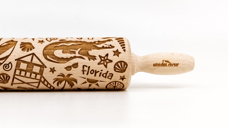 No. R355 USA FLORIDA Rolling Pin, Embossed rolling pin, Wooden roller engraved, Embossing Cookies, Wooden Toys, Stamp, Baking Gift image 1