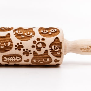 No. R196 CATS 8 pattern, Rolling Pin, Engraved Rolling, Rolling Pin, Embossed rolling pin, Wooden Rolling pin image 1
