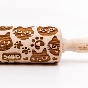 No. R196 CATS 8 pattern, Rolling Pin, Engraved Rolling, Rolling Pin, Embossed rolling pin, Wooden Rolling pin