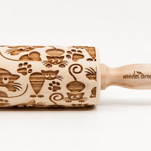 No. R091 CATS 6 pattern, Rolling Pin, Engraved Rolling, Rolling Pin, Embossed rolling pin, Wooden Rolling pin