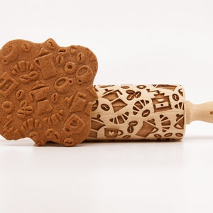 No. R090 COFFEE TIME MIX Rolling Pin, Engraved Rolling Pin, Rolling Pin, Embossed Cookies, Wooden Rolling pin image 2