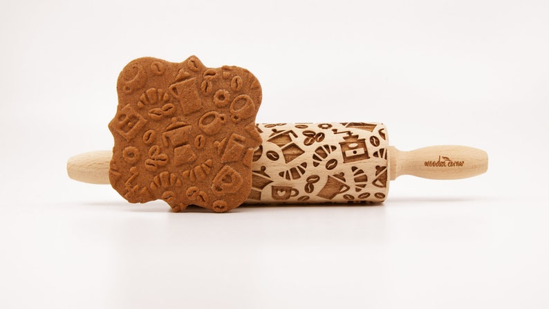 No. R090 COFFEE TIME MIX Rolling Pin, Engraved Rolling Pin, Rolling Pin, Embossed Cookies, Wooden Rolling pin image 2