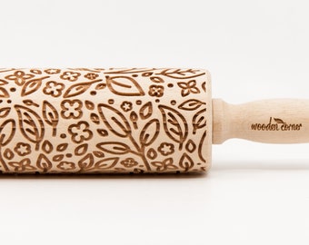 No. R154 SPRING PLANTS -pattern, Rolling Pin, Engraved Rolling, Rolling Pin, Embossed rolling pin, Wooden Rolling pin