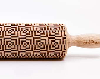 No. R258 ART SQUARES 2 Rolling Pin, Embossed rolling pin, Wooden roller engraved, Embossing Cookies, Wooden Toys,Stamp, Baking Gift