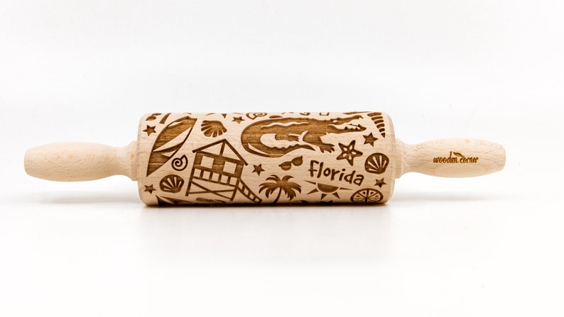 No. R355 USA FLORIDA Rolling Pin, Embossed rolling pin, Wooden roller engraved, Embossing Cookies, Wooden Toys, Stamp, Baking Gift image 3