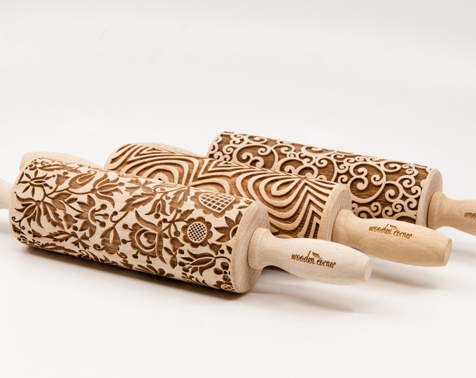 Featured listing image: SMALL Rolling Pins SET, YOU choose 3 of all our patterns, Nudelholz, Rouleau à pâtisseriem, Mattarello, Kjevle, Kaulin, Deegroller Teigrolle