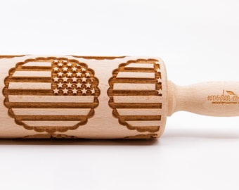 No. R175 USA FLAG U.S. Embossing rolling pin, Engraved Rolling Pin, Embossed Rolling Pin, Wooden Rolling pin