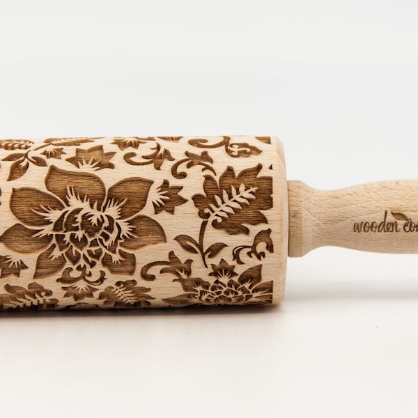 No. R024 SHABBY CHIC vintage flowers 1 Rolling Pin Engraved Rolling Pin Embossed Rolling Pin  Wooden Rolling pin