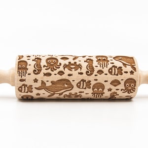 No. R282 SEA ANIMALS Rolling Pin, Embossed rolling pin, Wooden roller engraved, Embossing Cookies, Wooden Toys,Stamp image 3