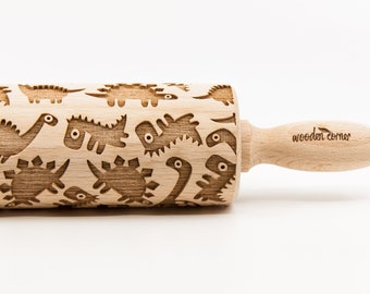 No. R207 DINOS 2,  Rolling Pin, Engraved Rolling, Rolling Pin, Embossed rolling pin, Wooden Rolling pin