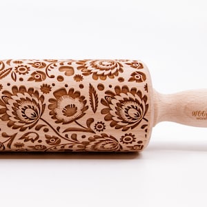 No. R005 POLISH FOLK FLOWERS 2 Rolling Pin, Engraved Rolling, Rolling Pin, Embossed rolling pin, Wooden Rolling pin