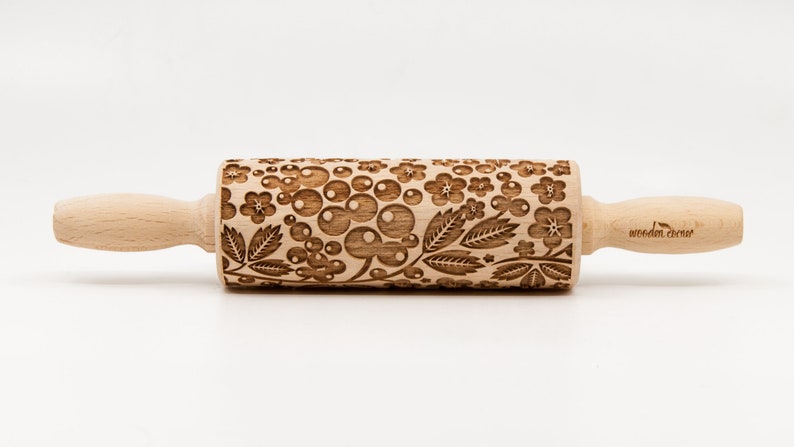 No. R164 BERRIES, FOREST FRUITS pattern, Rolling Pin, Engraved Rolling, Rolling Pin, Embossed rolling pin, Wooden Rolling pin image 3