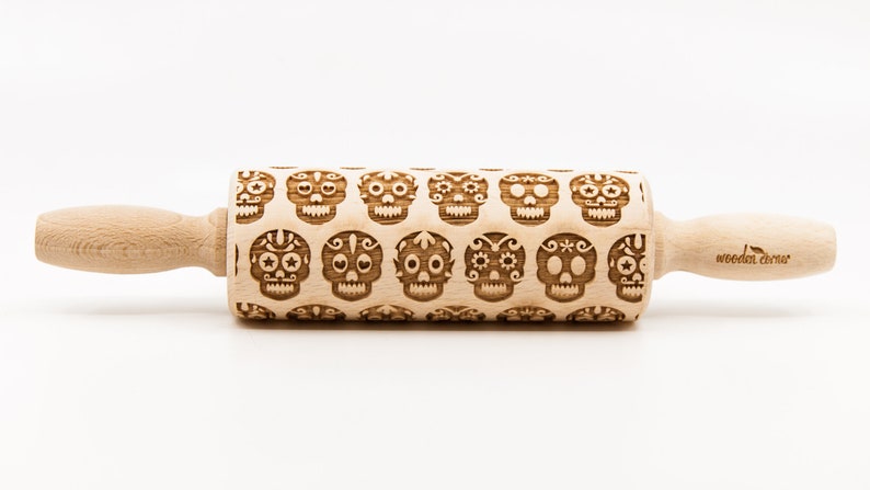 No. R181 SUGAR SKULL 2 Rolling Pin, Embossed rolling pin, Wooden roller engraved, Embossing Cookies, Wooden Toys,Stamp, Baking Gift image 3