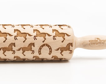 No. R213 RUNNING HORSES  pattern - Rolling Pin, Embossed rolling pin, Wooden roller engraved, Embossing Cookies, Wooden Toys,Stamp