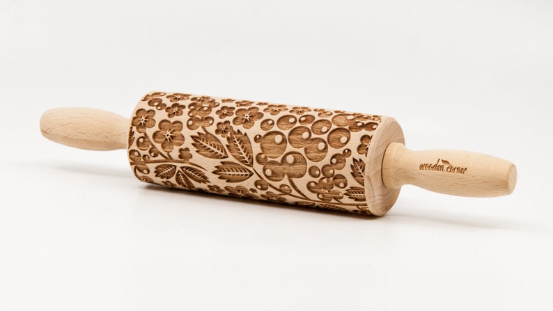 No. R164 BERRIES, FOREST FRUITS pattern, Rolling Pin, Engraved Rolling, Rolling Pin, Embossed rolling pin, Wooden Rolling pin image 2