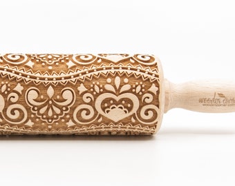 No. R376 HEARTS ORNAMENT pattern, Rolling Pin, Engraved Rolling, Rolling Pin, Embossed rolling pin, Wooden Rolling pin