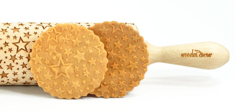 No. R049 Disco stars Rolling Pin, Engraved Rolling Pin, Rolling Pin, Embossed Cookies, Wooden Rolling pin, Nudelholz, Christmas stars image 4