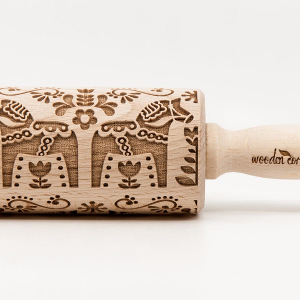 No. R008 SCANDINAVIAN DALA HORSE 1 pattern - Rolling Pin, Embossed rolling pin, Wooden roller engraved, Embossing Cookies, Wooden Toys,Stamp