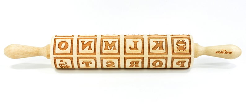 No. R190 Alphabet Blocks letters BIG size Rolling Pin, Engraved Rolling, Rolling Pin, Embossed rolling pin, Wooden Rolling pin image 1
