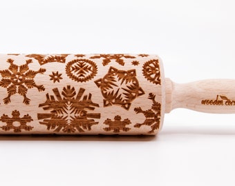 No. R033 SNOWFLAKE 3 - Big size Rolling Pin, Engraved Rolling Pin, Rolling Pin, Embossed Cookies,, Wooden Rolling pin