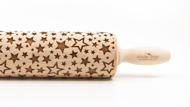 No. R049 Disco stars Rolling Pin, Engraved Rolling Pin, Rolling Pin, Embossed Cookies, Wooden Rolling pin, Nudelholz, Christmas stars image 1