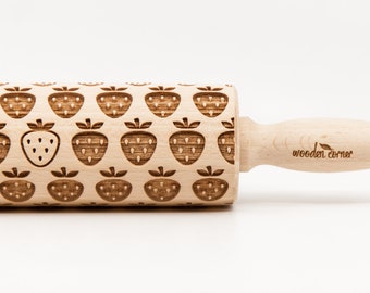 No. R119, STRAWBERRY pattern, Rolling Pin, Engraved Rolling Pin, Embossing rolling pin, Wooden Rolling pin