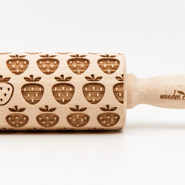 No. R119, STRAWBERRY pattern, Rolling Pin, Engraved Rolling Pin, Embossing rolling pin, Wooden Rolling pin