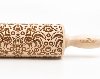 No. R253 POLISH FOLK ROOSTER Lowicz pattern - Rolling Pin, Embossed rolling pin, Wooden roller engraved, Embossing Cookies, Wooden Toys