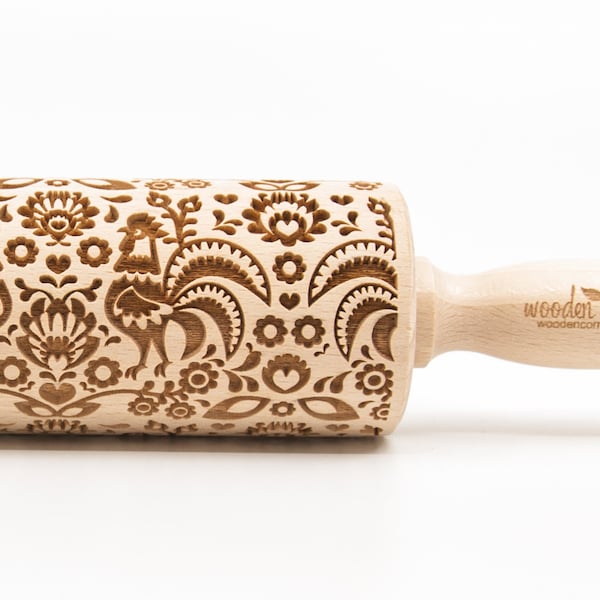 No. R253 POLISH FOLK ROOSTER Lowicz pattern - Rolling Pin, Embossed rolling pin, Wooden roller engraved, Embossing Cookies, Wooden Toys