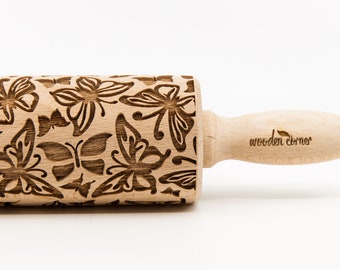 No. R104 BUTTERFLY  pattern, Rolling Pin, Engraved Rolling, Rolling Pin, Embossed rolling pin, Wooden Rolling pin