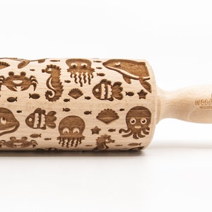 No. R282 SEA ANIMALS Rolling Pin, Embossed rolling pin, Wooden roller engraved, Embossing Cookies, Wooden Toys,Stamp image 1