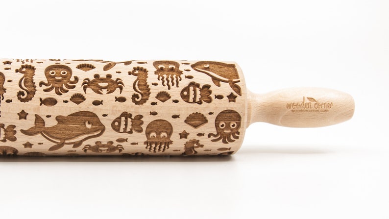 No. R282 SEA ANIMALS Rolling Pin, Embossed rolling pin, Wooden roller engraved, Embossing Cookies, Wooden Toys,Stamp image 1