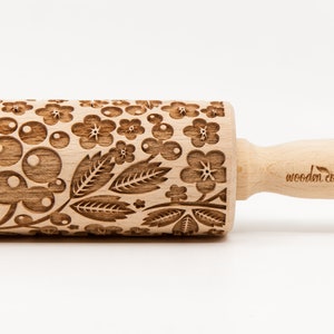 No. R164 BERRIES, FOREST FRUITS pattern, Rolling Pin, Engraved Rolling, Rolling Pin, Embossed rolling pin, Wooden Rolling pin image 1