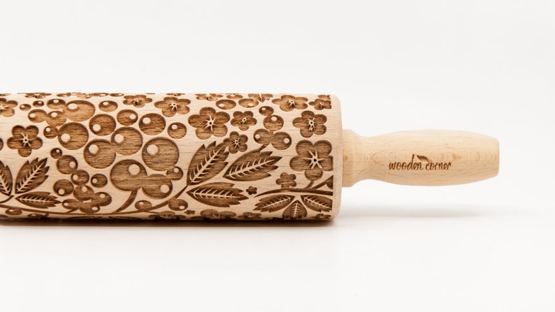 No. R164 BERRIES, FOREST FRUITS pattern, Rolling Pin, Engraved Rolling, Rolling Pin, Embossed rolling pin, Wooden Rolling pin image 1