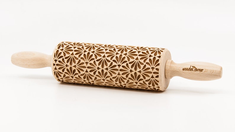 No. R257, little FLOWERS pattern, Rolling Pin, Engraved Rolling, Rolling Pin, Embossed rolling pin, Wooden Rolling pin image 2