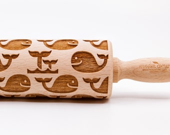 No. R167 WHALES - Rolling Pin, Embossed rolling pin, Wooden roller engraved, Embossing Cookies, Wooden Toys,Stamp, Baking Gift,, nudelholz