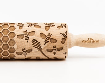 No. R243 BEE & HONEY pattern, Rolling Pin, Engraved Rolling, Rolling Pin, Embossed rolling pin, Wooden Rolling pin