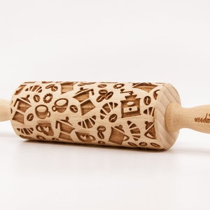 No. R090 COFFEE TIME MIX Rolling Pin, Engraved Rolling Pin, Rolling Pin, Embossed Cookies, Wooden Rolling pin image 3