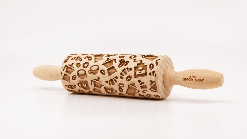 No. R090 COFFEE TIME MIX Rolling Pin, Engraved Rolling Pin, Rolling Pin, Embossed Cookies, Wooden Rolling pin image 3