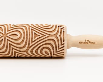 No. R244 OP ART FLOWERS pattern, Rolling Pin, Engraved Rolling, Rolling Pin, Embossed rolling pin, Wooden Rolling pin