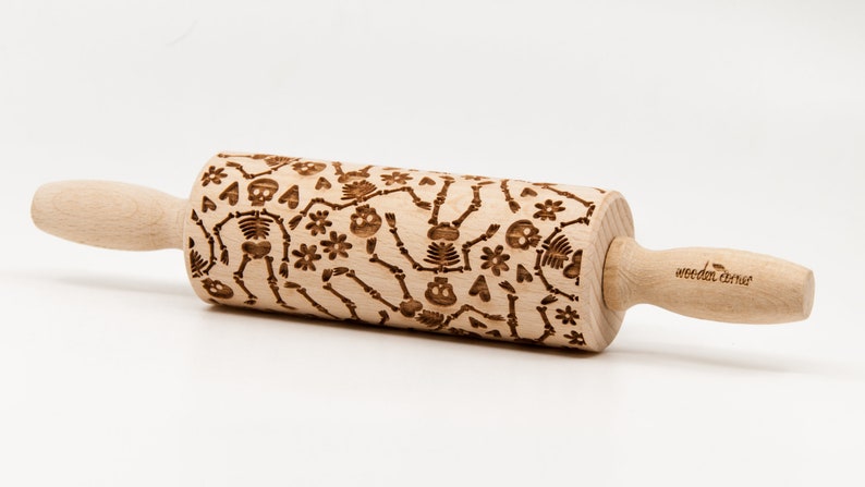 No. R299 SKELETON HALLOWEEN pattern, Rolling Pin, Engraved Rolling, Rolling Pin, Embossed rolling pin, Wooden Rolling pin image 2