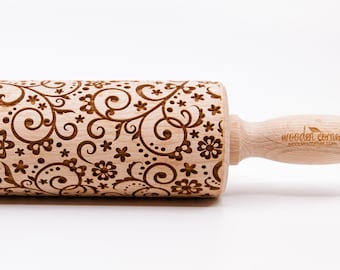 No. R028 CUTE FLOWERS  Big size Rolling Pin, Engraved Rolling Pin, Rolling Pin, Embossed Cookies, Wooden Rolling pin