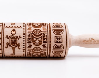 No. R269 AZTEC SYMBOLS-Rolling Pin,Embossed rolling pin, Wooden roller engraved, Embossing Cookies, Wooden Toys,Stamp, Baking Gift, Birthday
