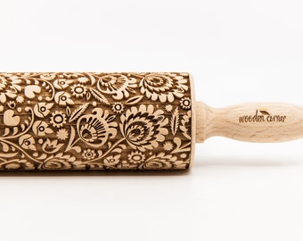 No. R342 POLISH FOLK FLOWERS 2 "Negative" version Rolling Pin, Engraved Rolling, Rolling Pin, Embossed rolling pin, Wooden Rolling pin