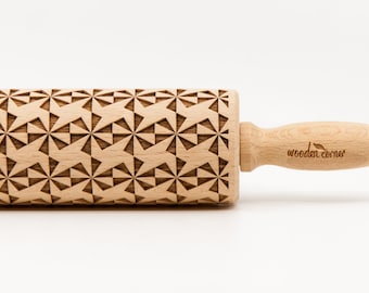 No. R064 PINWHEEL Rolling Pin, Embossed rolling pin, Wooden roller engraved, Embossing Cookies, Wooden Toys,Stamp, Baking Gift, Birthday