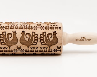 No. R082 POLISH FOLK - KURPIE hens pattern, Embossing Rolling pin, Engraved rolling pin