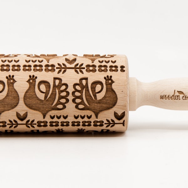 No. R082 POLISH FOLK - KURPIE hens pattern, Embossing Rolling pin, Engraved rolling pin